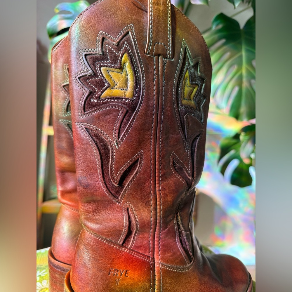 Frye Brown Leather Western Heeled Boots with Yellow Stitching - Picture 6 of 10